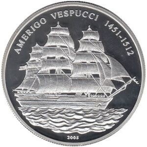 Реверс монеты Бенин, 1000 франков, 2005, Трехпалубный парусник «Америго Веспуччи»