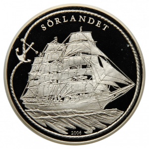 Реверс монеты Бенин, 1000 франков, 2006, Норвежский парусный корабль "Sørlandet"