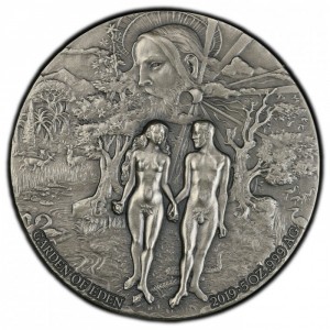Реверс монеты Бенин, 5000 франков, 2019, Эдемский сад - Адам и Ева