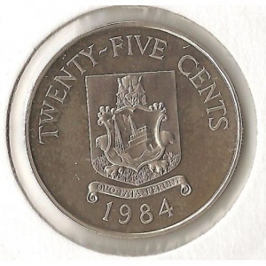 Реверс монеты Бермуды, 25 центов, 1984, 375 лет Бермудам - Герб Бермуд