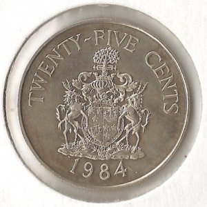 Реверс монеты Бермуды, 25 центов, 1984, 375 лет Бермудам - Герб округа Гамильтон