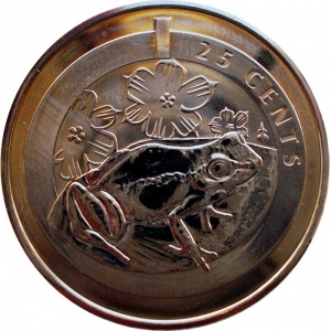 Реверс монеты Бермуды, 25 центов, 2014, Свистящая лягушка
