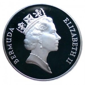 Аверс монеты Бермуды, 1 доллар, 1987, 50 лет коммерческой авиации