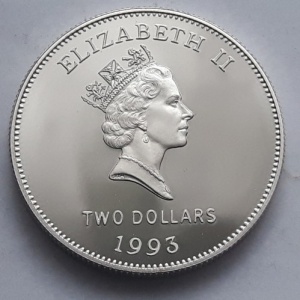 Аверс монеты Бермуды, 2 доллара, 1993, 200 лет монетам Бермудских островов