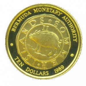 Реверс монеты Бермуды, 10 долларов, 1989, Бермудские "Hogge Money"