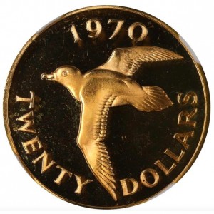 Реверс монеты Бермуды, 20 долларов, 1970, Птица