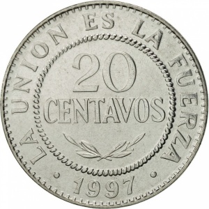 Реверс монеты Боливия, 20 сентаво, 1987-2008