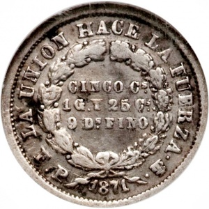 Реверс монеты Боливия, 5 сентаво, 1871