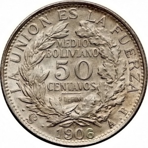 Реверс монеты Боливия, 50 сентаво, 1900-1908