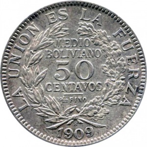 Реверс монеты Боливия, 50 сентаво, 1909