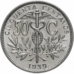 Реверс монеты Боливия, 50 сентаво, 1939