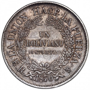Реверс монеты Боливия, 1 боливиано, 1870