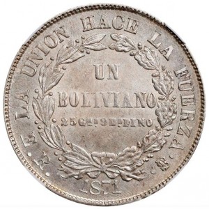 Реверс монеты Боливия, 1 боливиано, 1870-1871