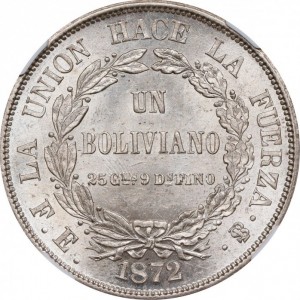 Реверс монеты Боливия, 1 боливиано, 1870-1872