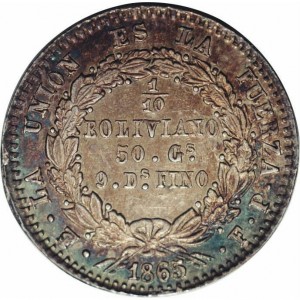 Реверс монеты Боливия, 1/10 боливиано, 1864-1867
