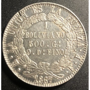 Реверс монеты Боливия, 1 боливиано, 1867-1869