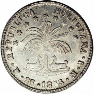 Аверс монеты Боливия, 2 соля, 1853-1859