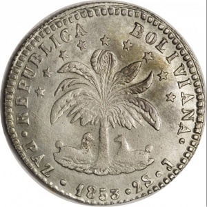 Аверс монеты Боливия, 2 соля, 1853