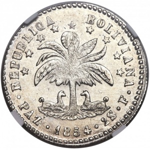 Аверс монеты Боливия, 2 соля, 1854