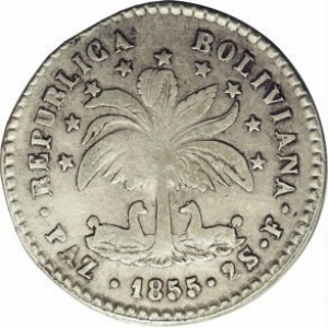 Аверс монеты Боливия, 2 соля, 1855-1856