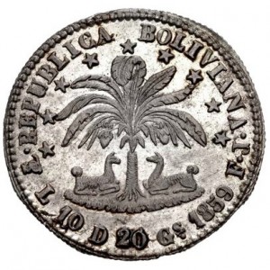Реверс монеты Боливия, 2 соля, 1859-1863