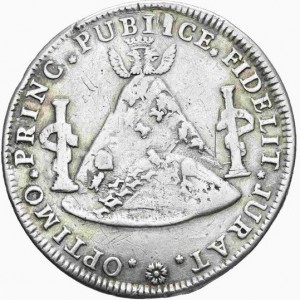 Реверс монеты Боливия, 8 реалов, 1789, Прокламация /холм с колоннами/