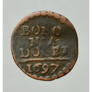 Реверс монеты Болонья, 1 кваттрино, 1691-1700, Баннер на аверсе с крестом