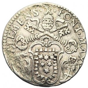 Аверс монеты Болонья, 20 болоньино, 1673-1674, Папский герб Буонаккорсо Буонаккорси