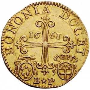 Реверс монеты Болонья, 1 доппия, 1658-1661, Щит Фарнезе