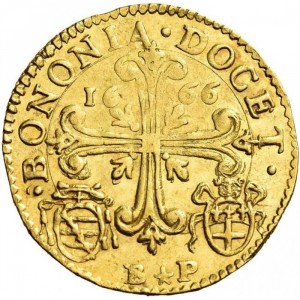 Реверс монеты Болонья, 1 доппия, 1665-1666, Щит Карафа делла Спина