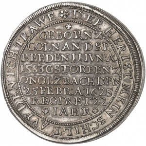 Реверс монеты Бранденбург-Ансбах, 1 талер, 1625, Смерть Иоахима Эрнста