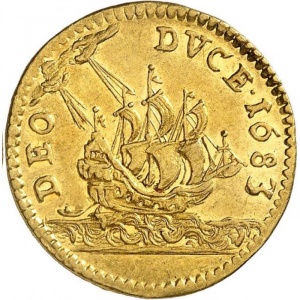 Реверс монеты Бранденбург-Пруссия, 1 дукат, 1682-1686, Корабль на реверсе