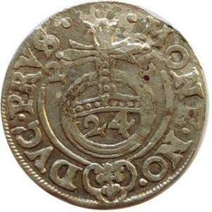 Реверс монеты Бранденбург-Пруссия, 1/24 талера, 1625-1633, Надпись: "MONE NO(VA) DVC PRVS" на реверсе