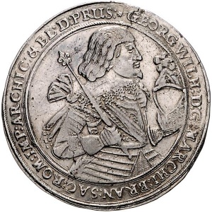 Аверс монеты Бранденбург-Пруссия, 1 талер, 1636-1639, Принц со шлемом в руке