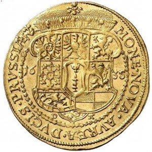 Реверс монеты Бранденбург-Пруссия, 1 дукат, 1635-1639, 8-составной герб на реверсе