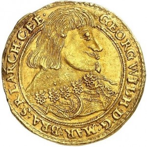 Аверс монеты Бранденбург-Пруссия, 1 дукат, 1639, 8-составной герб на реверсе, бюст без короны