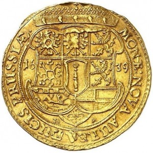 Реверс монеты Бранденбург-Пруссия, 1 дукат, 1639, 8-составной герб на реверсе, бюст без короны