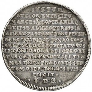 Реверс монеты Бранденбург-Пруссия, 1 талер, 1675, Победа в битве при Фербеллине /надпись на реверсе, лошадь справа/