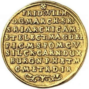 Реверс монеты Бранденбург-Пруссия, 10 дукатов, 1658, Достижение суверенитета над Восточной Пруссией