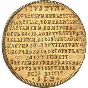 Реверс монеты Бранденбург-Пруссия, 10 дукатов, 1675, Победа в битве при Фербеллине