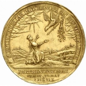 Реверс монеты Бранденбург-Пруссия, 10 дукатов, 1681, Дань уважения городу Мадгебургу