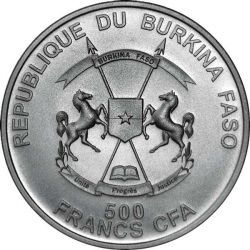 Аверс монеты Буркина-Фасо, 500 франков, 2016, Эпоха динозавров - Аллозавр