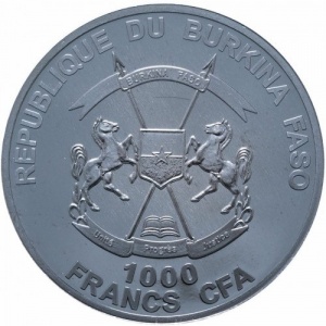 Аверс монеты Буркина-Фасо, 1000 франков, 2013, Крокодил, Цветное покрытие