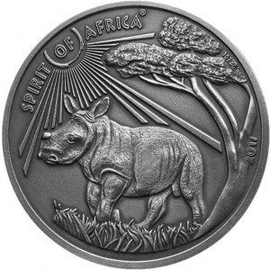 Реверс монеты Буркина-Фасо, 1000 франков, 2017, Дух Африки - Носорог /Детеныш носорога/