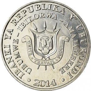 Аверс монеты Бурунди, 5 франков, 2014, Птицы - Калао-трубач (Bycanistes bucinator)