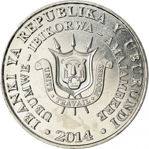 Аверс монеты Бурунди, 5 франков, 2014, Птицы - Кафрский рогатый ворон (Bucorvus leadbeateri)