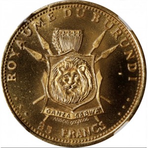 Реверс монеты Бурунди, 25 франков, 1965, 50 лет правлению Мвамбутсы IV