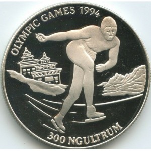 Реверс монеты Бутан, 300 нгултрумов, 1992, XXVII зимние Олимпийские Игры, Лиллехаммер 1994 - Коньки