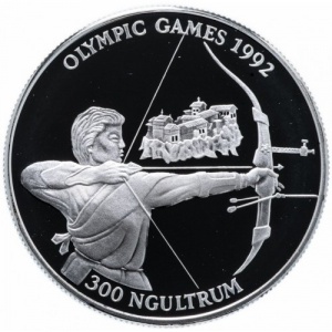 Реверс монеты Бутан, 300 нгултрумов, 1992, XXV Летние Олимпийские игры, Барселона 1992 - Стрельба из лука