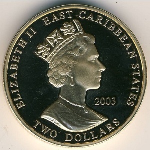 Аверс монеты Восточные Карибы, 2 доллара, 2003, Британские полководцы - Роберт Клайв